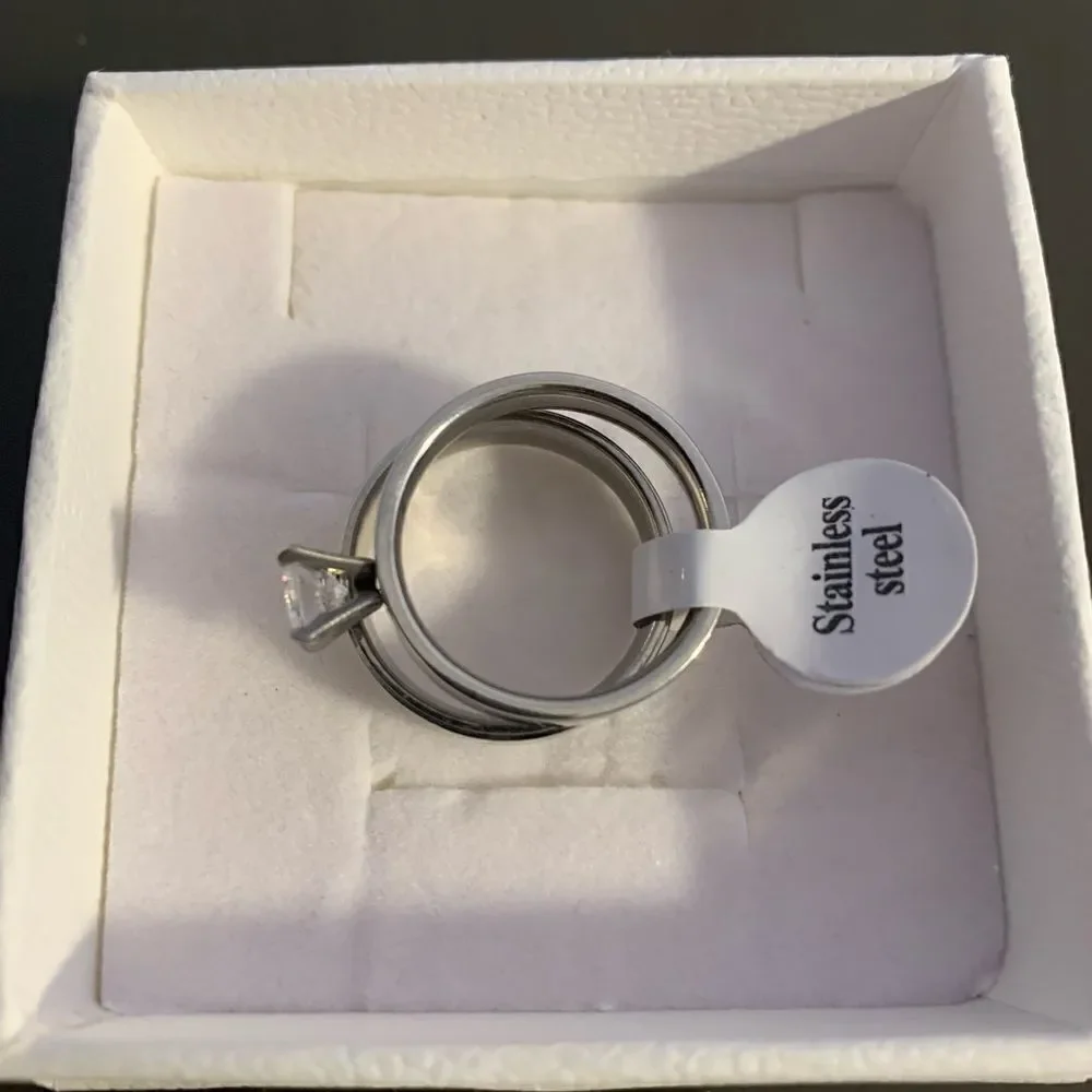 Stainless steel Size 8 solitaire diamond ring silver set
